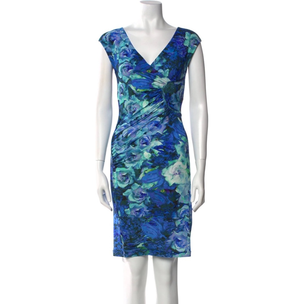 Roberto Cavalli V Wrap Neck Blue Rose Floral Nylon Stretch Dress